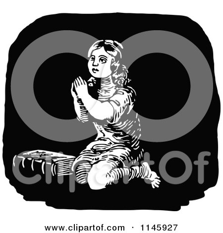 Clipart of a Retro Vintage Black and White Religious Girl Praying 2 - Royalty Free Vector Illustration by Prawny Vintage