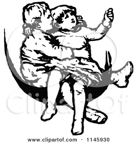 Clipart of Retro Vintage Black and White Children on the Moon - Royalty Free Vector Illustration by Prawny Vintage