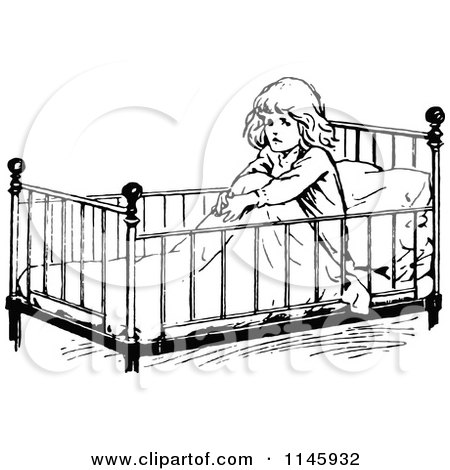 Clipart of a Retro Vintage Black and White Girl Sitting up in a Crib - Royalty Free Vector Illustration by Prawny Vintage