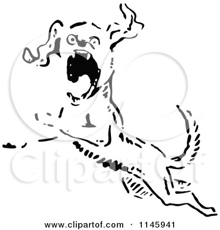 Clipart of a Retro Vintage Black and White Angry Dog Leaping - Royalty Free Vector Illustration by Prawny Vintage