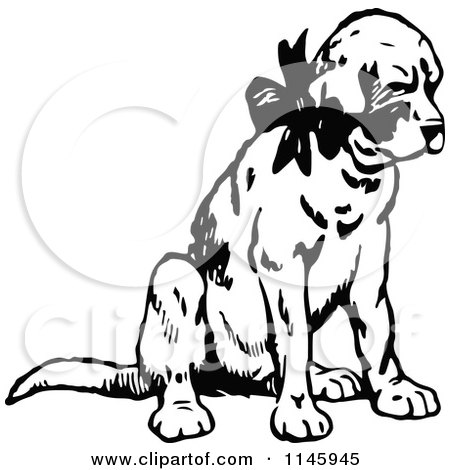 Clipart of a Retro Vintage Black and White Dog Wearing a Bow - Royalty Free Vector Illustration by Prawny Vintage
