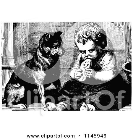 Clipart of a Retro Vintage Black and White Dog Watching a Girl Eat - Royalty Free Vector Illustration by Prawny Vintage