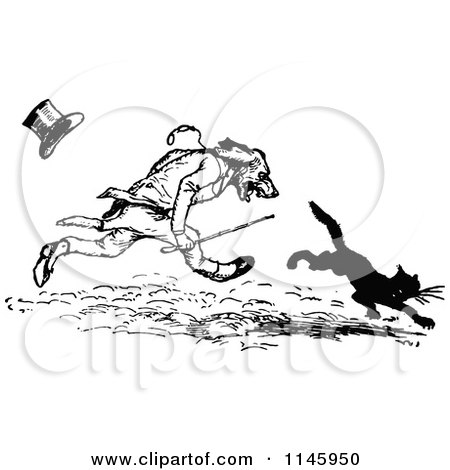 Clipart of a Retro Vintage Black and White Dog Gentleman Chasing a Cat - Royalty Free Vector Illustration by Prawny Vintage