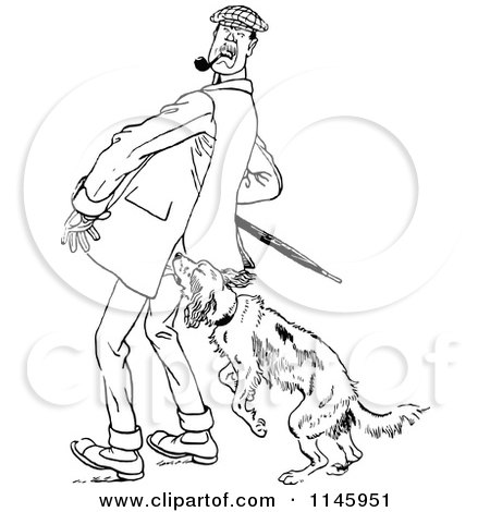 Clipart of a Retro Vintage Black and White Dog Attacking a Man - Royalty Free Vector Illustration by Prawny Vintage