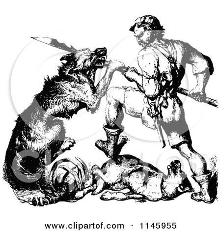 Clipart of a Retro Vintage Black and White Warrior Man Fighting a Dog - Royalty Free Vector Illustration by Prawny Vintage