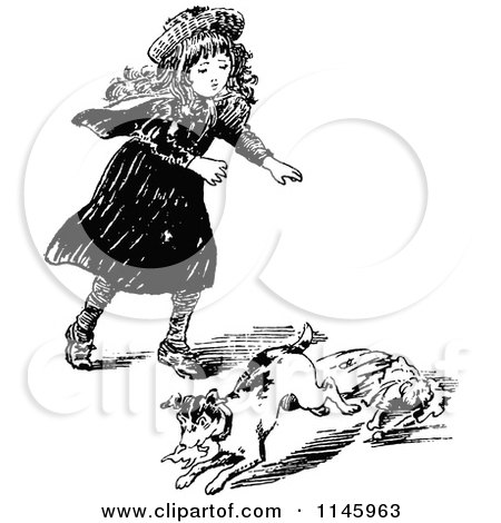 Clipart of a Retro Vintage Black and White Girl Chasing a Dog Eating Her Doll - Royalty Free Vector Illustration by Prawny Vintage