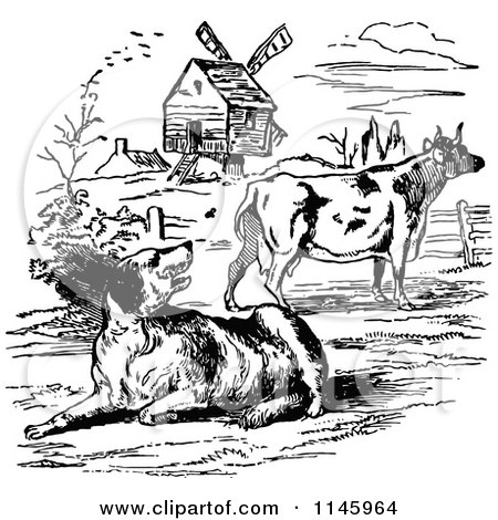 Clipart of a Retro Vintage Black and White Dog and Cow by a Windmill - Royalty Free Vector Illustration by Prawny Vintage