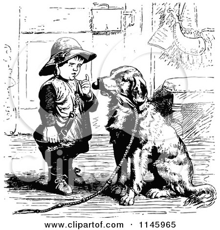 Clipart of a Retro Vintage Black and White Boy Lecturing a Dog for Chewing - Royalty Free Vector Illustration by Prawny Vintage
