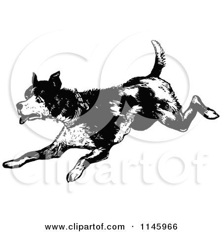 Clipart of a Retro Vintage Black and White Dog Running - Royalty Free Vector Illustration by Prawny Vintage