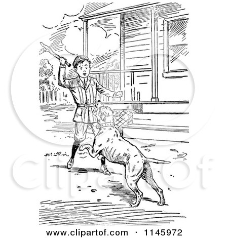 Clipart of a Retro Vintage Black and White Boy Playing Fetch with a Dog - Royalty Free Vector Illustration by Prawny Vintage