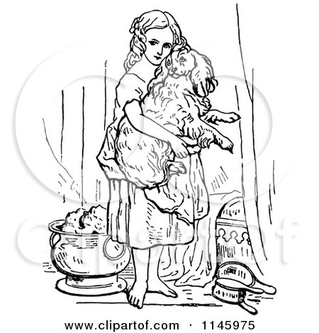 Clipart of a Retro Vintage Black and White Girl Bathing a Dog - Royalty Free Vector Illustration by Prawny Vintage