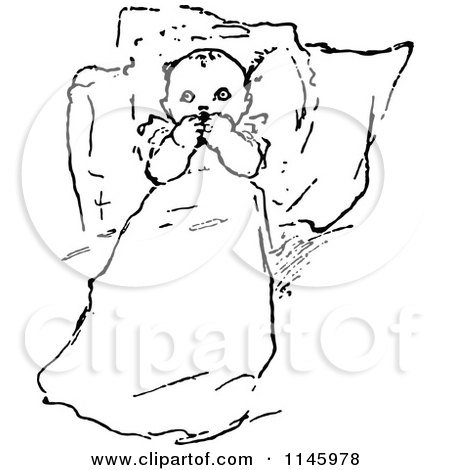 Clipart of a Retro Vintage Black and White Baby Resting Against Pillows - Royalty Free Vector Illustration by Prawny Vintage