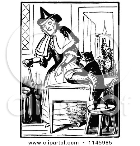 Clipart of a Retro Vintage Black and White Old Lady with a Cat Making a Pie - Royalty Free Vector Illustration by Prawny Vintage