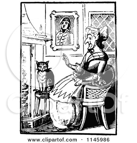 Clipart of a Retro Vintage Black and White Old Lady with a Cat by a Fireplace - Royalty Free Vector Illustration by Prawny Vintage