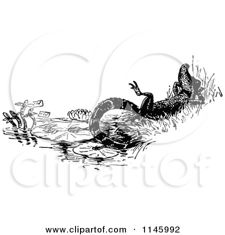 Clipart of a Retro Vintage Black and White Crocodile Resting - Royalty Free Vector Illustration by Prawny Vintage