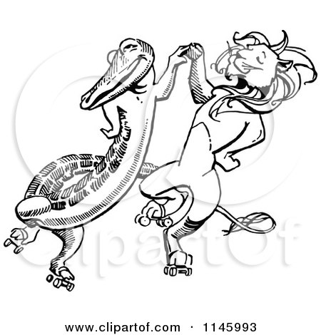Clipart of a Retro Vintage Black and White Crocodile Dancing with a Lion - Royalty Free Vector Illustration by Prawny Vintage