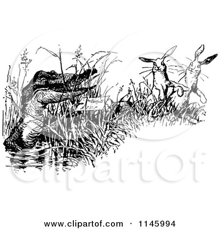 Clipart of a Retro Vintage Black and White Crocodile and Rabbits| Royalty Free Vector Illustration by Prawny Vintage