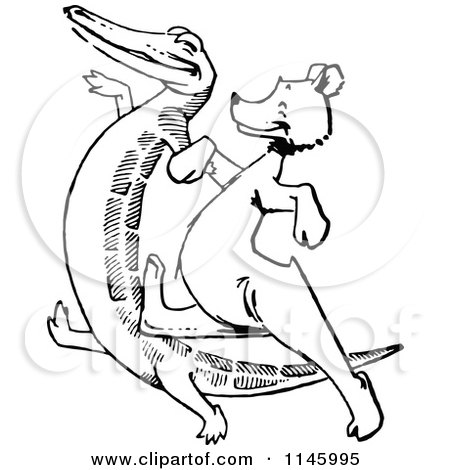 Clipart of a Retro Vintage Black and White Crocodile Dancing with a Bear - Royalty Free Vector Illustration by Prawny Vintage