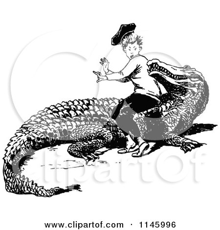 Clipart of a Retro Vintage Black and White Boy Sitting on a Crocodile - Royalty Free Vector Illustration by Prawny Vintage