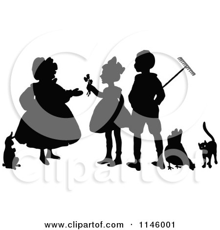 Clipart of a Retro Vintage Silhouetted Farmers with a Rabbit Chicken and Cat - Royalty Free Vector Illustration by Prawny Vintage