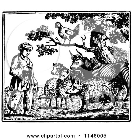 Clipart of a Retro Vintage Black and White Farmer Looking at Animals - Royalty Free Vector Illustration by Prawny Vintage