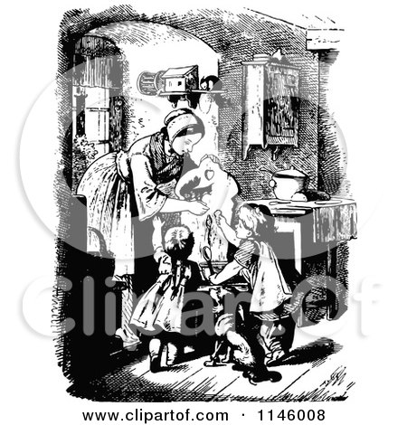Clipart of a Retro Vintage Black and White Mother and Children Feeding a Pet Squirrel - Royalty Free Vector Illustration by Prawny Vintage