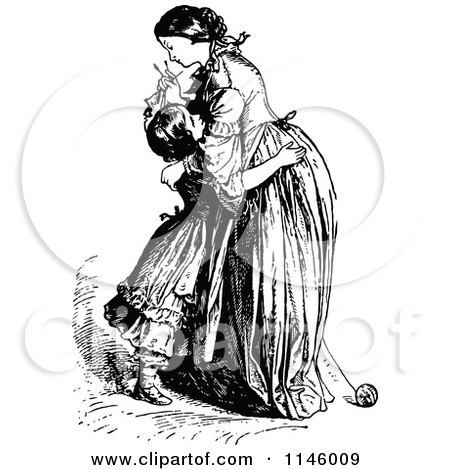 Clipart of a Retro Vintage Black and White Mother and Daughter Hugging - Royalty Free Vector Illustration by Prawny Vintage