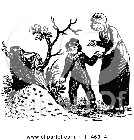 Clipart of a Retro Vintage Black and White Mother and Son by a Tree Stump - Royalty Free Vector Illustration by Prawny Vintage