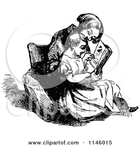 Clipart of a Retro Vintage Black and White Mother and Child Reading - Royalty Free Vector Illustration by Prawny Vintage