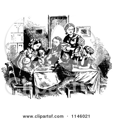 Clipart of a Retro Vintage Black and White Family Eating Supper - Royalty Free Vector Illustration by Prawny Vintage