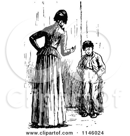 Clipart of a Retro Vintage Black and White Mother Lecturing Her Son - Royalty Free Vector Illustration by Prawny Vintage