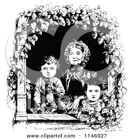 Clipart of a Retro Vintage Black and White Woman and Children in a Window - Royalty Free Vector Illustration by Prawny Vintage