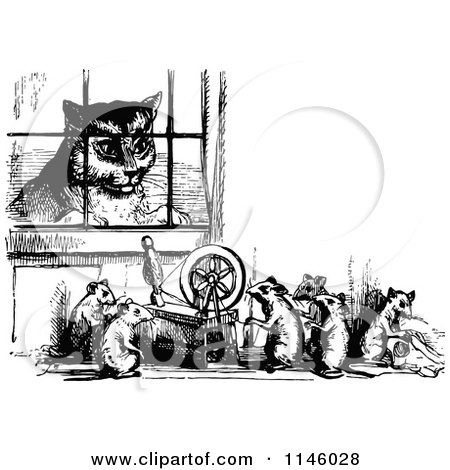 Clipart of a Retro Vintage Black and White Cat Watching Mice Work a Spindle Through a Window - Royalty Free Vector Illustration by Prawny Vintage
