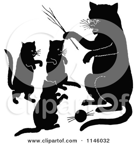 Clipart of Retro Vintage Silhouetted Cats Playing - Royalty Free Vector Illustration by Prawny Vintage