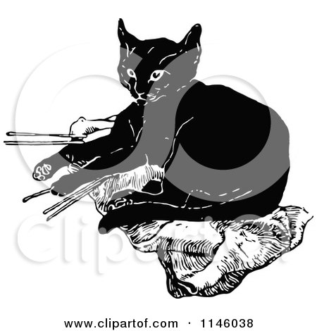 Clipart of a Retro Vintage Black and White Black Cat Resting - Royalty Free Vector Illustration by Prawny Vintage