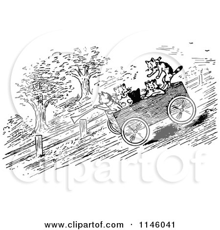 Clipart of Retro Vintage Black and White Cats Riding a Cart Downhill - Royalty Free Vector Illustration by Prawny Vintage