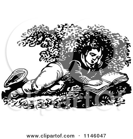 Clipart of a Retro Vintage Black and White Boy Reading on the Ground - Royalty Free Vector Illustration by Prawny Vintage