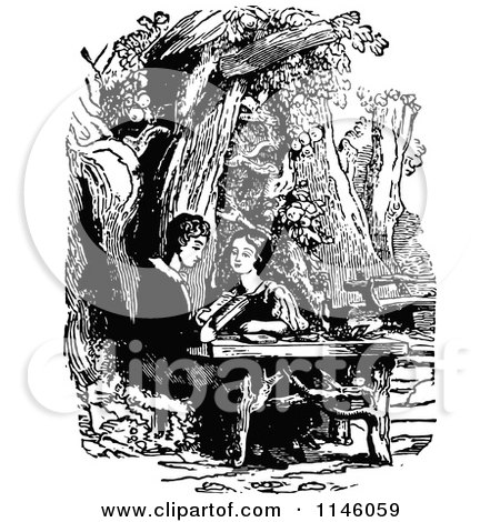 Clipart of Retro Vintage Black and White Women Reading at a Table - Royalty Free Vector Illustration by Prawny Vintage