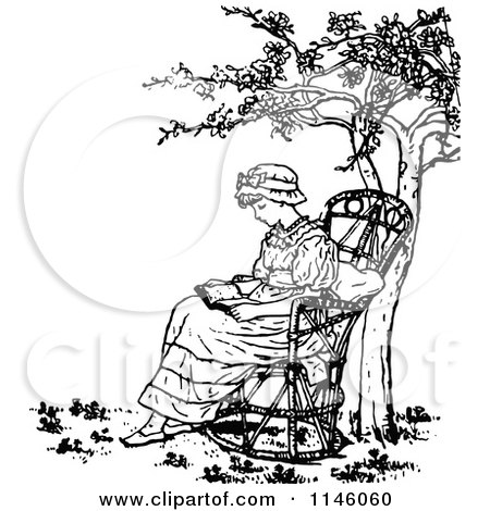 Clipart of a Retro Vintage Black and White Girl Reading Under a Tree - Royalty Free Vector Illustration by Prawny Vintage