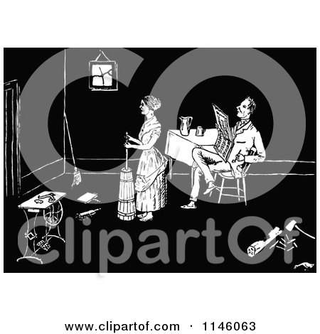 https://images.clipartof.com/small/1146063-Clipart-Of-A-Retro-Vintage-Black-And-White-Woman-Cleaning-As-Her-Husband-Reads-Royalty-Free-Vector-Illustration.jpg