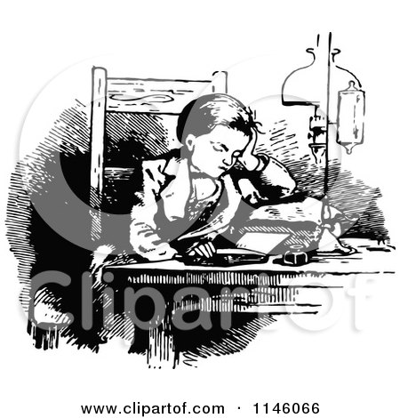 Clipart of a Retro Vintage Black and White Boy Reading at a Table - Royalty Free Vector Illustration by Prawny Vintage