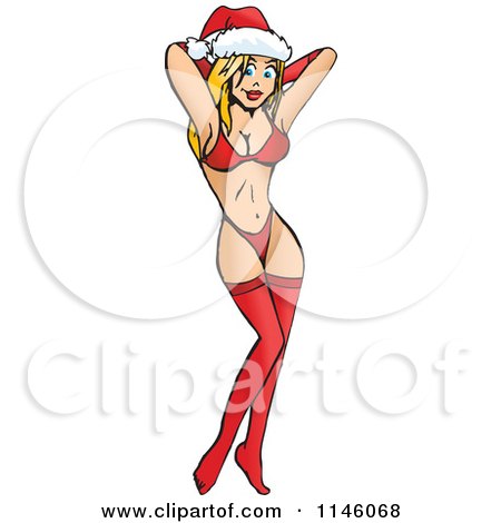 Cartoon of a Sexy Blond Pinup Woman in Stockings and a Santa Hat - Royalty Free Vector Clipart by Dennis Holmes Designs