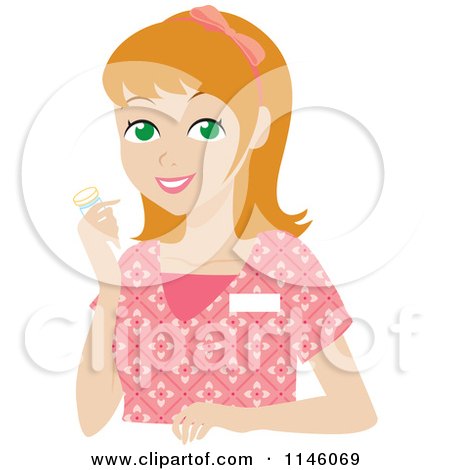 Clipart of a Happy Blond Caregiver Woman in Scrubs Holding a Pill Bottle - Royalty Free CGI Illustration by Rosie Piter