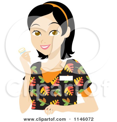 Clipart of a Happy Black Haired Caregiver Woman in Scrubs Holding a Pill Bottle - Royalty Free CGI Illustration by Rosie Piter