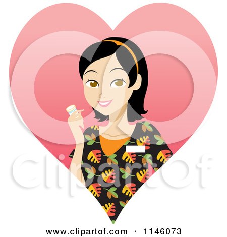Clipart of a Happy Black Haired Caregiver Woman in Scrubs Holding a Pill Bottle in a Heart - Royalty Free CGI Illustration by Rosie Piter