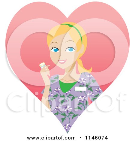 Clipart of a Happy Blond Caregiver Woman in Scrubs Holding a Pill Bottle in a Heart - Royalty Free CGI Illustration by Rosie Piter