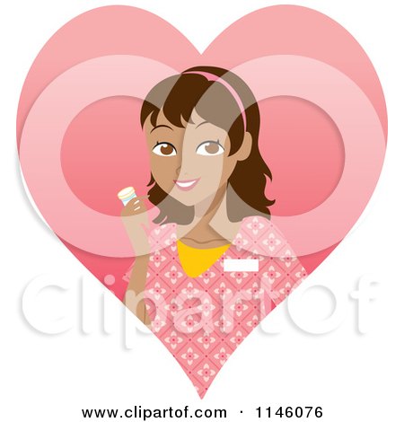 Clipart of a Happy Hispanic Caregiver Woman in Scrubs Holding a Pill Bottle in a Heart - Royalty Free CGI Illustration by Rosie Piter