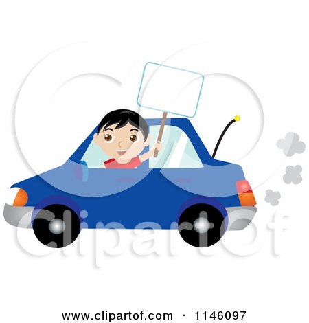 Clipart of a Happy Boy Driving a Blue Car and Holding a Sign - Royalty Free CGI Illustration by Rosie Piter