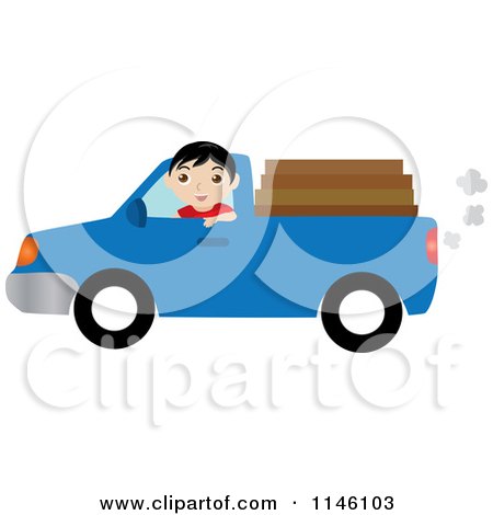 Clipart of a Boy Driving a Blue Pickup Truck with Lumber in the Bed - Royalty Free CGI Illustration by Rosie Piter