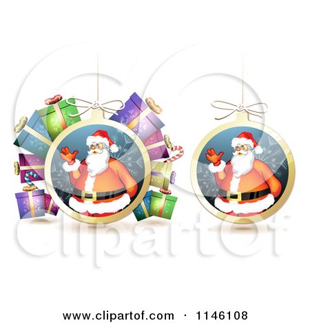 Clipart of Christmas Baubles of Santa Waving with Gifts - Royalty Free Vector Illustration by merlinul